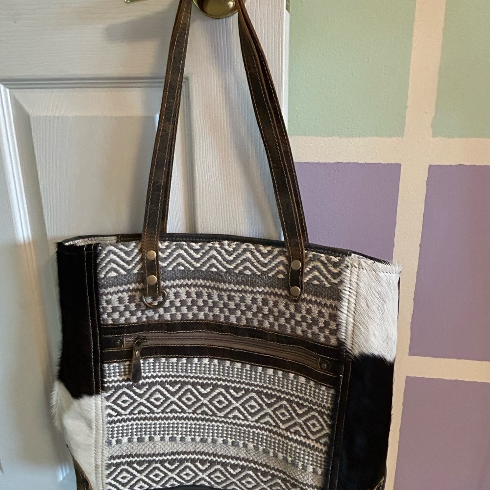 Black and White Geometric Tote Bag with Leather Straps